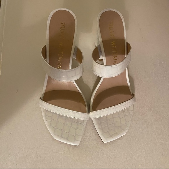 Stuart Weitzman Shoes - Stuart Weitzman White Croc-Embossed Leather Slide Mules